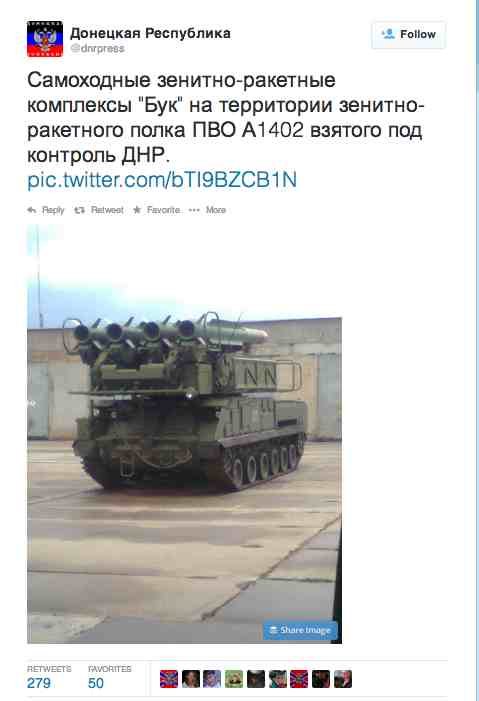 Tuit guardado en el caché donde el ejército de Donetsk presume de su nueva arma en el arsenal.